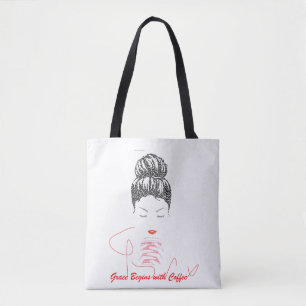 Grace Begins with Coffee Typography Tote Bag