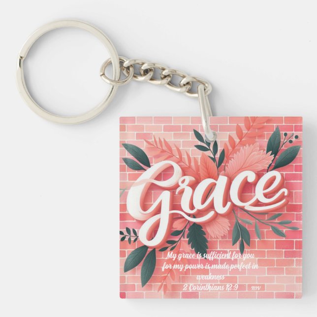 Grace Bible Verse Pink Brick Floral Key Ring (Front)