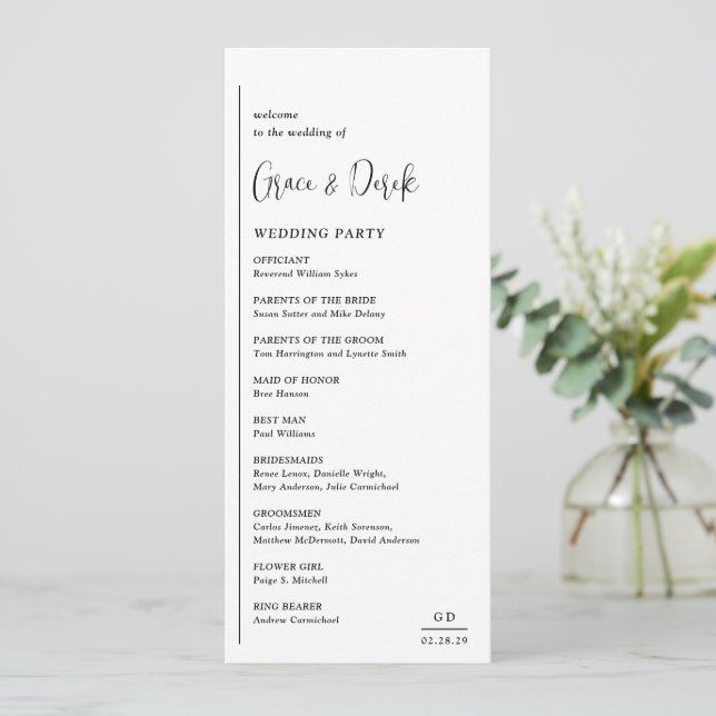 Grace Black and White Modern Wedding Programme (Standing Front)