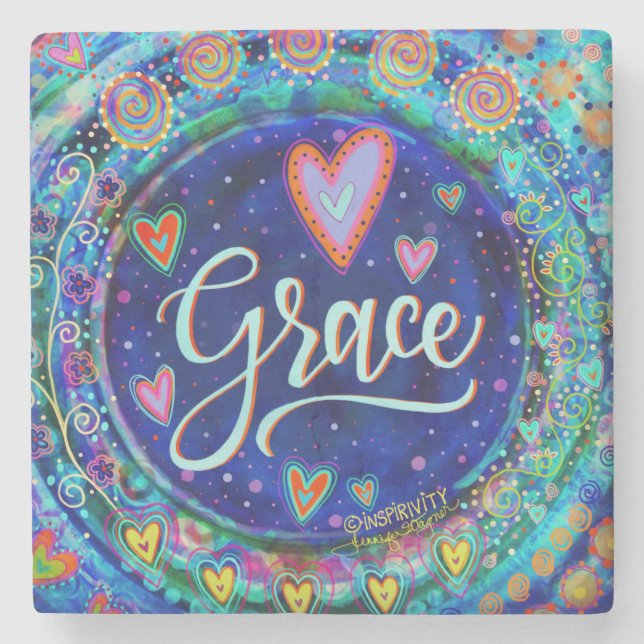 Grace Blue Whimsical Fun Inspirational Drink Stone Coaster (Front)
