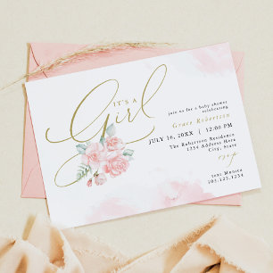GRACE Blush Floral Gold It's a Girl Baby Shower Invitation