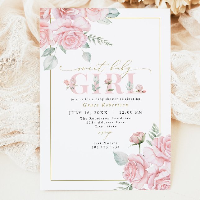 GRACE Blush Floral Sweet Baby Girl Baby Shower Invitation (Creator Uploaded)