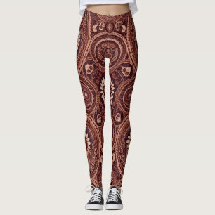 Grace Burgundy Daisy Paisley Embroidery Pattern Leggings