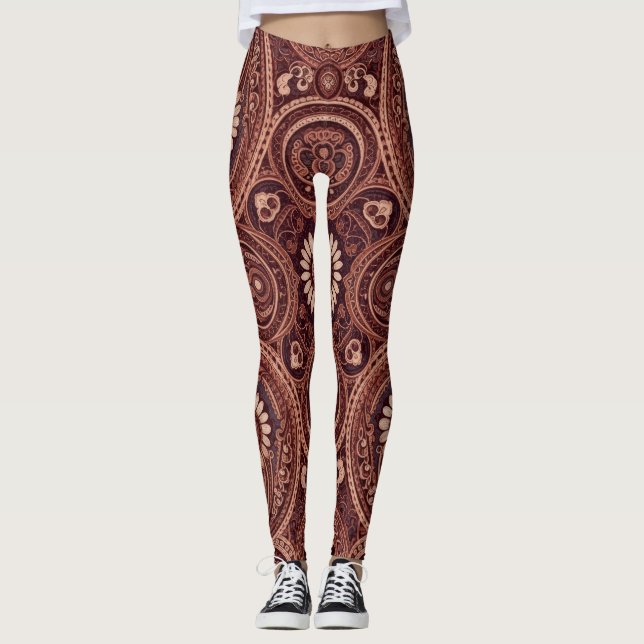 Grace Burgundy Daisy Paisley Embroidery Pattern Leggings (Front)