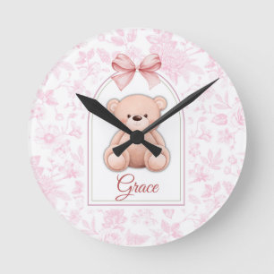 Grace Custom Pink Teddy Bear Nursery Design Round Clock
