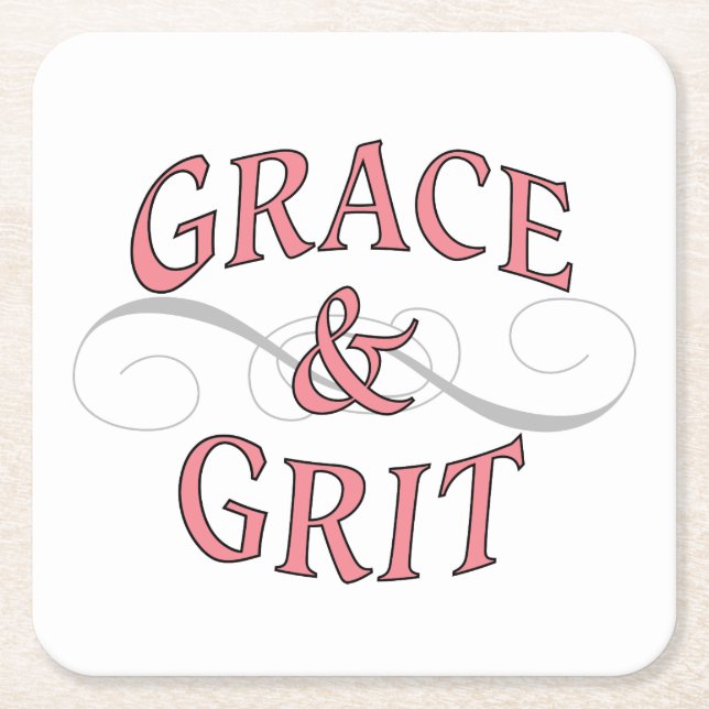 Grace & Grit in Pink and Grey Square Paper Coaster (Front)