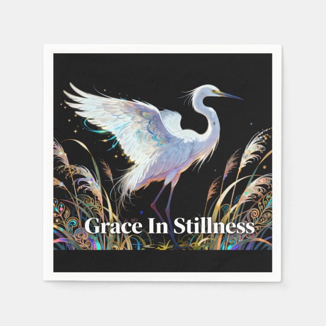 "Grace In Stillness" Fantasy Egret Napkin (Front)