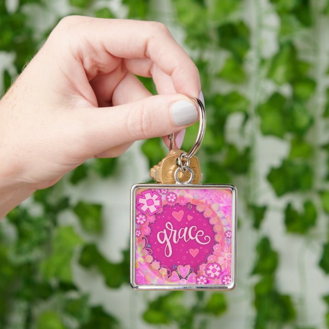 Grace  Inspirational Heart Floral Pretty Pink Key Ring (Hand)