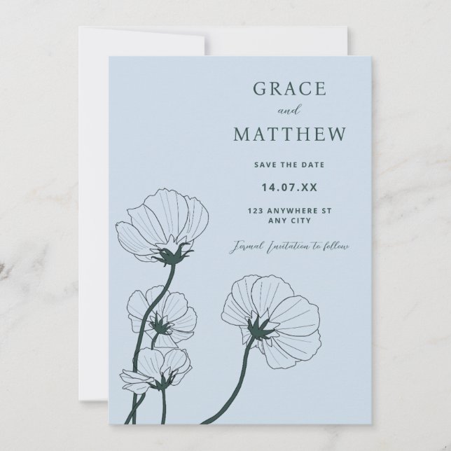 GRACE Modern Botanical Blue Wedding Invitation (Front)