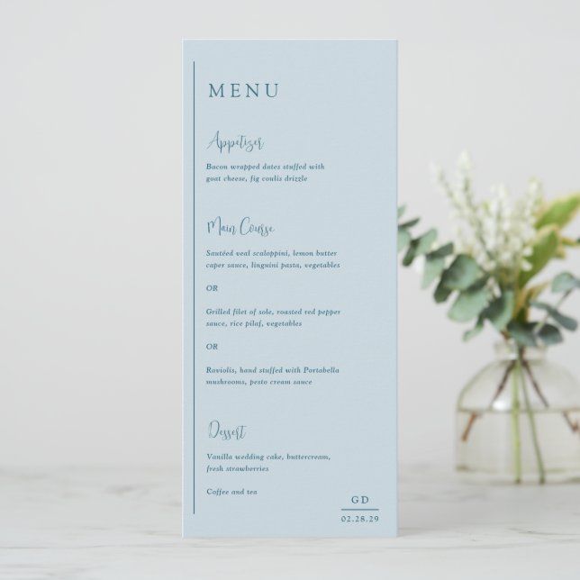 Grace Muted Blue Modern Wedding Menu (Standing Front)