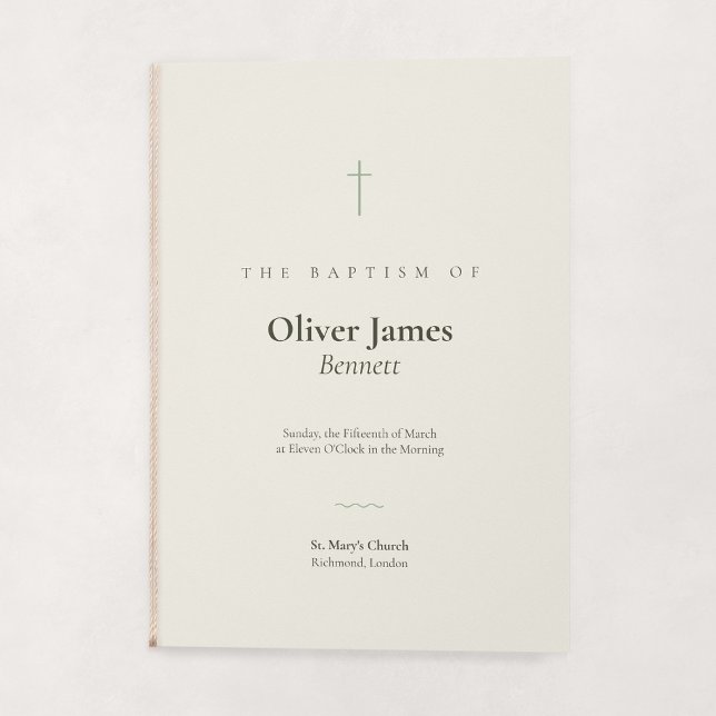 Grace Sage Minimal Cross Folded Baptism Programme (Grace | Sage - Folded Baptism Order of Service (String embellishment not included))