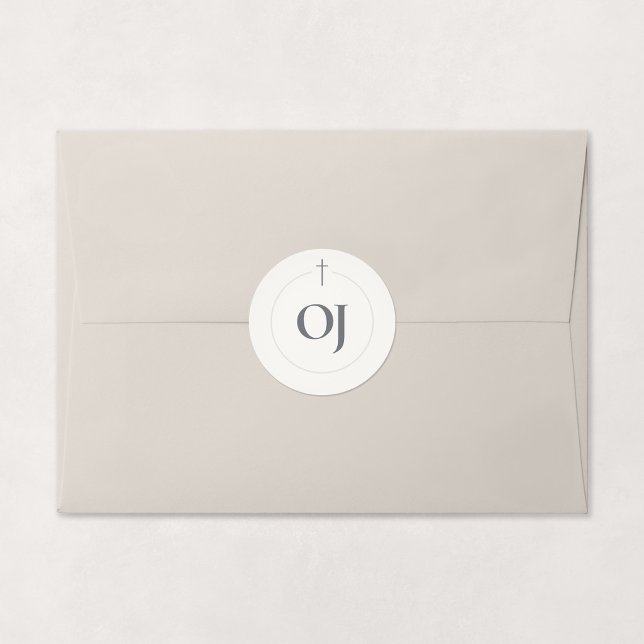Grace Stone Monogram Cross Classic Round Sticker (Grace | Stone - Minimal Cross Monogram Sticker, Shown on Envelope)