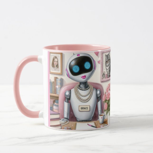 Grace the Robot – Sparkle and Syntax at Her Desk Mug (Left)