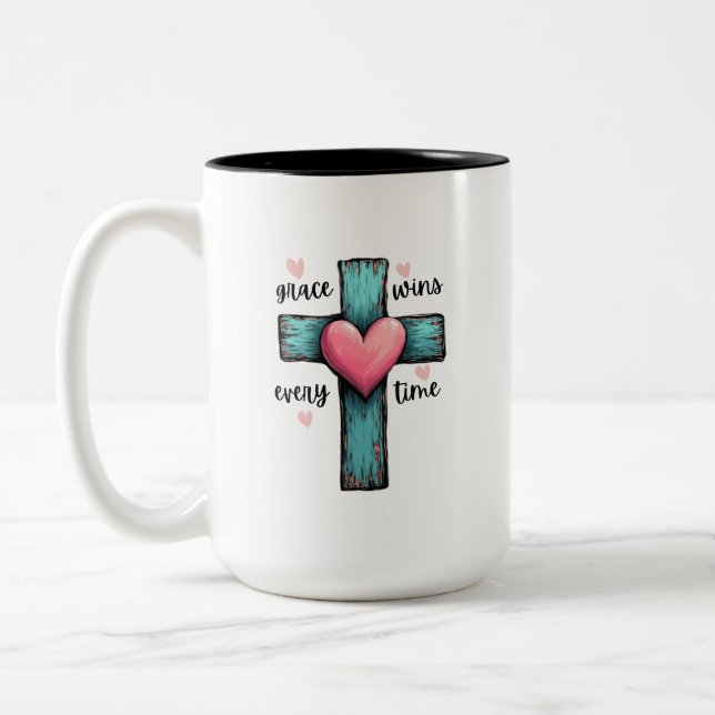 Grace Wins Every Time Rustic Cross Two-Tone Coffee Mug (Left)