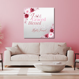 Graced Blessed Loved Favored Pink Floral Art Canvas Print