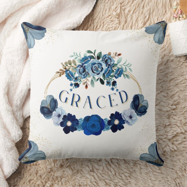 GRACED Blue Gold Floral Garden Wreath Elegant Cushion (Blanket)