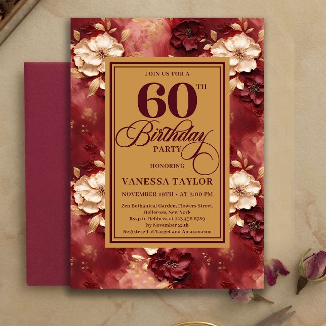 Graceful 60 Birthday Merlot Blush Gold Invitation (Graceful 60th Birthday Merlot Blush Gold Invitation)
