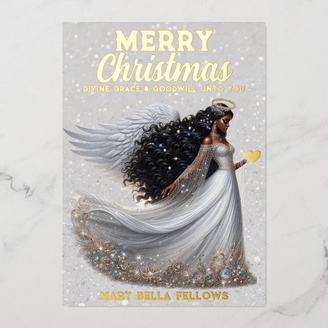 Graceful African American Angel Goddess Spiritual Foil Holiday Card (Front)