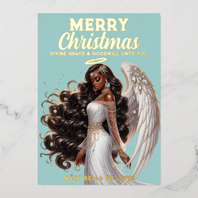 Graceful African American Angel Goddess Spiritual Foil Holiday Card (Front)
