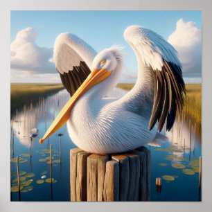 Graceful American White Pelican in Serene Wetlands Poster