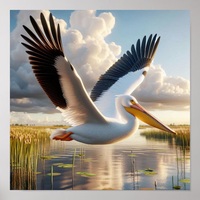 Graceful American White Pelican in Serene Wetlands Poster (Front)