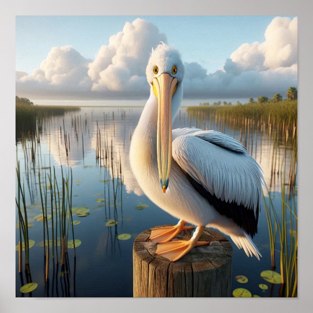 Graceful American White Pelican in Serene Wetlands Poster (Front)
