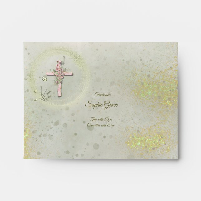 Graceful and sparkly cross baptism envelopes  (Front)