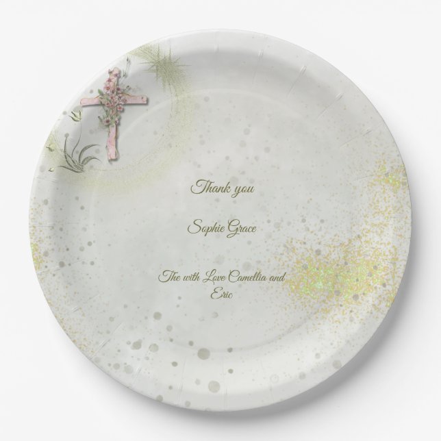 Graceful and sparkly cross baptism paper plates  (Front)
