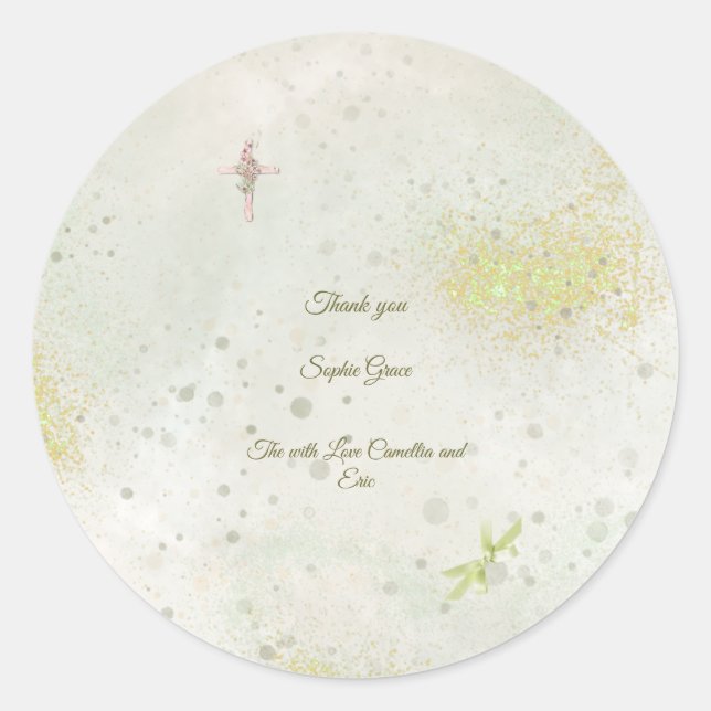 Graceful and sparkly cross baptism round stickers  (Front)