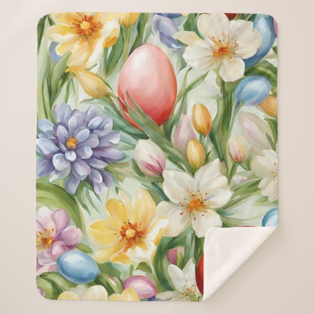 Graceful Apple Blossom, Tulips and Easter Eggs Sherpa Blanket (Front)