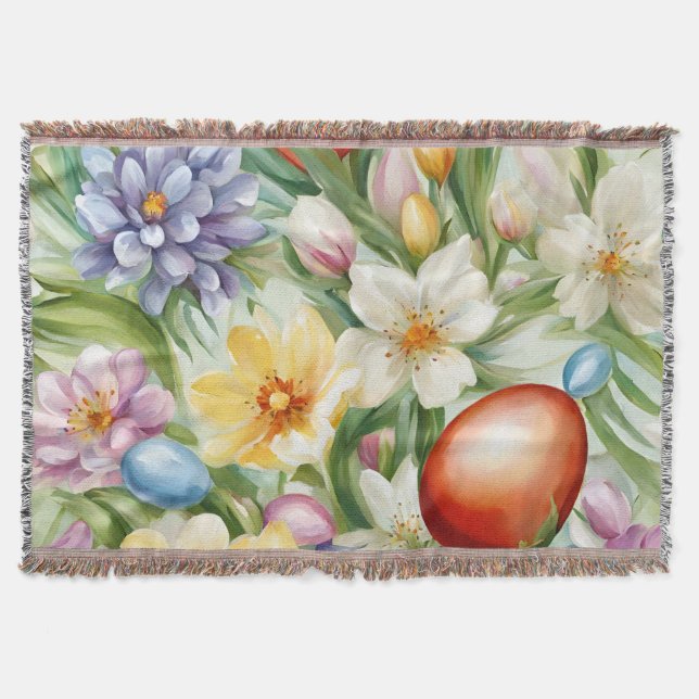 Graceful Apple Blossom, Tulips and Easter Eggs Throw Blanket (Front)