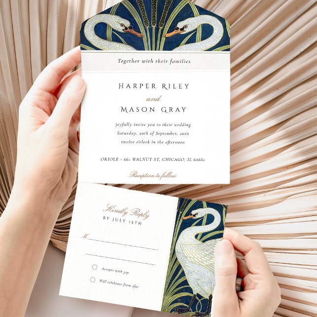 Graceful Art Deco Swan All-in-One Tear-Away RSVP All In One Invitation (Creator Uploaded)
