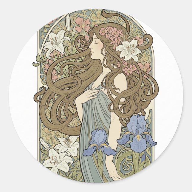 Graceful Art Nouveau Woman Classic Round Sticker (Front)