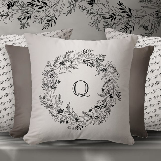 Graceful black foliage circle letter Q Cushion (Creator Uploaded)
