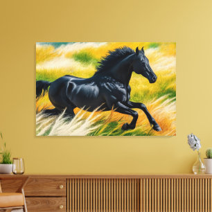 Graceful Black Horse Galloping in Vibrant Field of Canvas Print