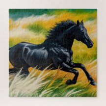 Graceful Black Horse Galloping in Vibrant Field of