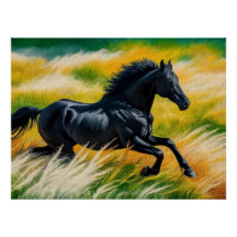 Graceful Black Horse Galloping in Vibrant Field