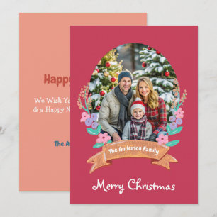 Graceful Blossoms Floral Wreath Xmas red photo Holiday Card