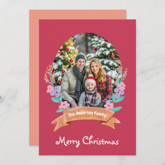 Graceful Blossoms Floral Wreath Xmas red photo Holiday Card