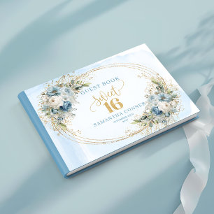 Graceful Blue and Gold Greenery Sweet Sixteen Guest Book