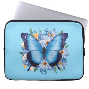 Graceful Blue Butterfly on Floral Laptop Sleeve