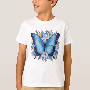 Graceful Blue Butterfly on Floral T-Shirt