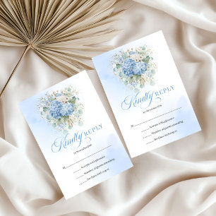 Graceful Blue Floral Gold Wedding RSVP Card