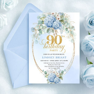 Graceful Blue Hydrangea Watercolor 90th Birthday Invitation