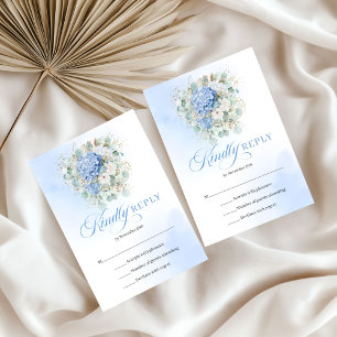 Graceful Blue Hydrangeas Gold Wedding RSVP Card