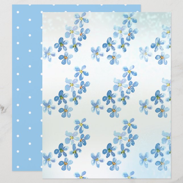 Graceful Blue Watercolor Flowers Scrapbook Paper (Front/Back)