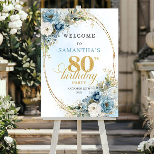 Graceful bohemian blue flowers gold 80th birthday poster