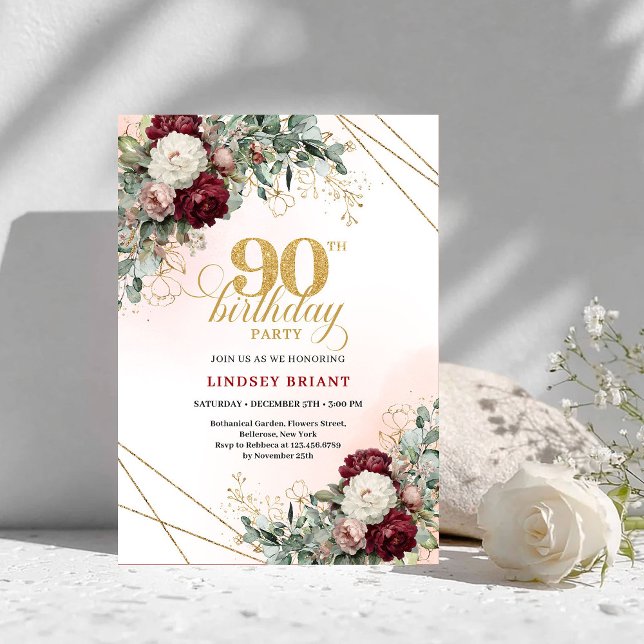 Graceful Boho Burgundy Peonies Gold 90th Birthday Invitation (Graceful Burgundy Peonies Gold 90th Birthday Invitation)