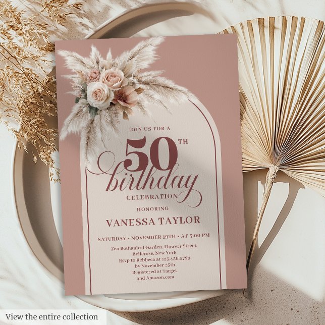 Graceful Boho Dusty Rose Pampas Floral Fifty 50th Invitation (Graceful Boho Dusty Rose Pampas Floral Fifty Birthday)