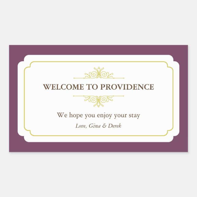 Graceful border plum purple out of town gift bag rectangular sticker (Front)